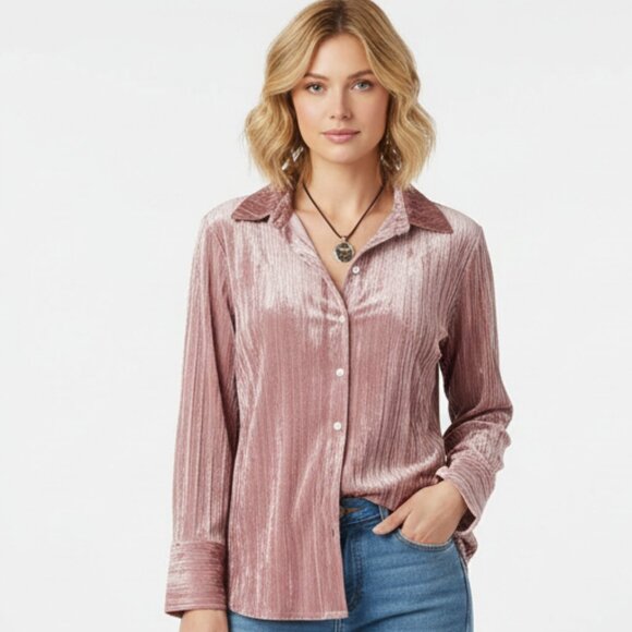 Nwt $59 MARC NEW YORK Mauve Crinkled Velvet Fabric Collared Button Down Shirt M - Picture 3 of 6